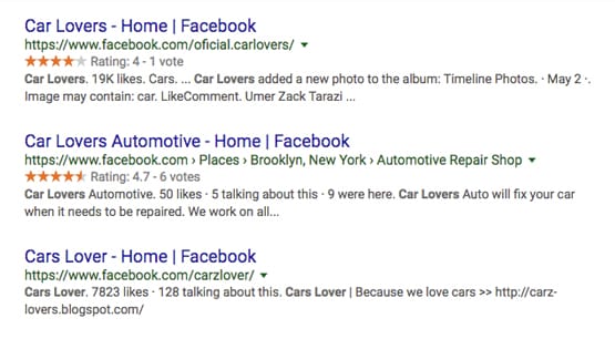 Facebook Example Search Car Lovers