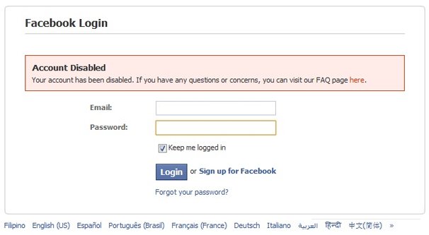 Страница Facebook заблокирована